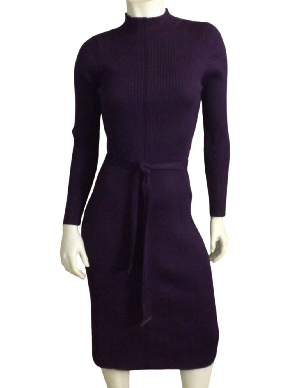 new NINA LEONARD Dress, L, Purple lightweight knit, Belted, Long sleeve, Midi